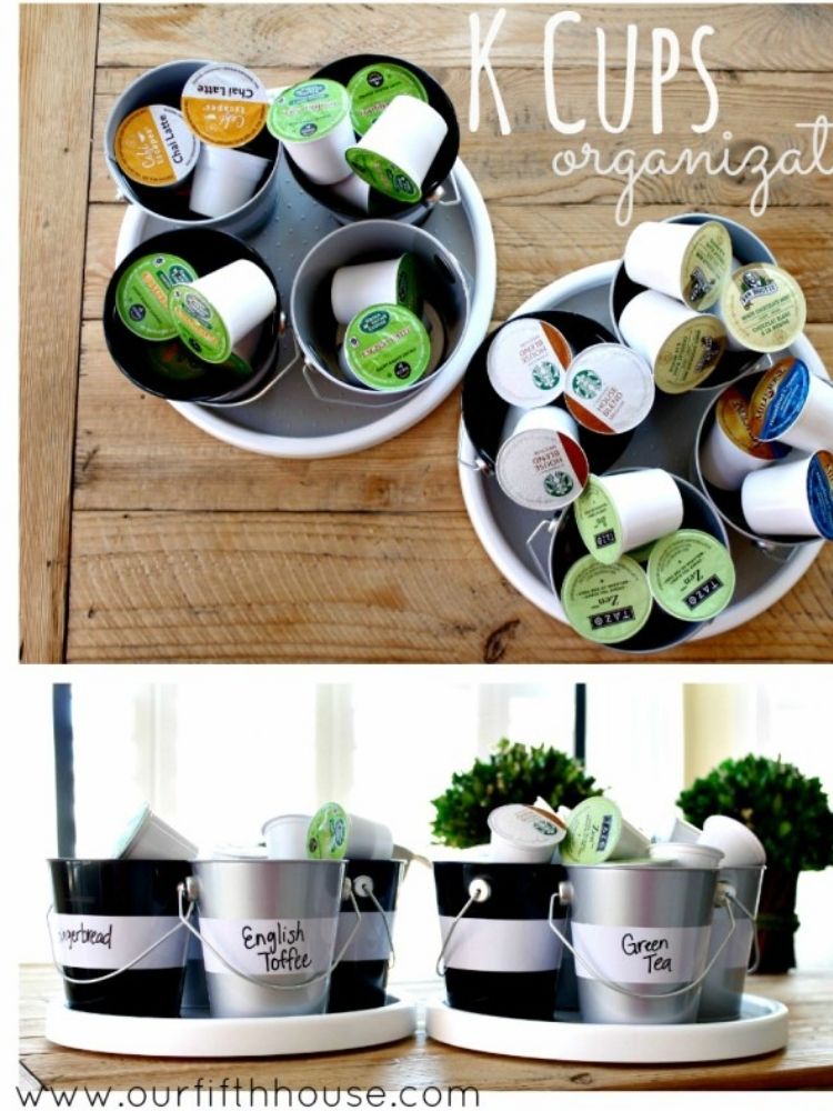 coffee pods in mini buckets on a lazy susan
