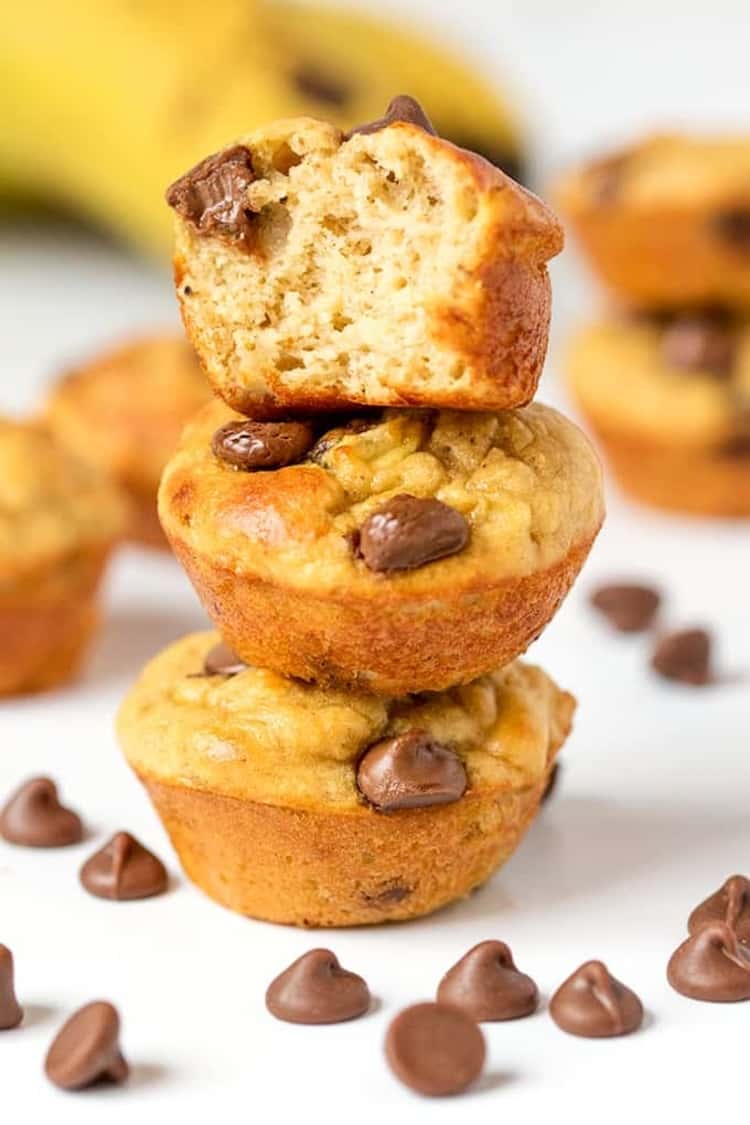 stack of peanut butter banana mini muffins - great for a road trip snack!