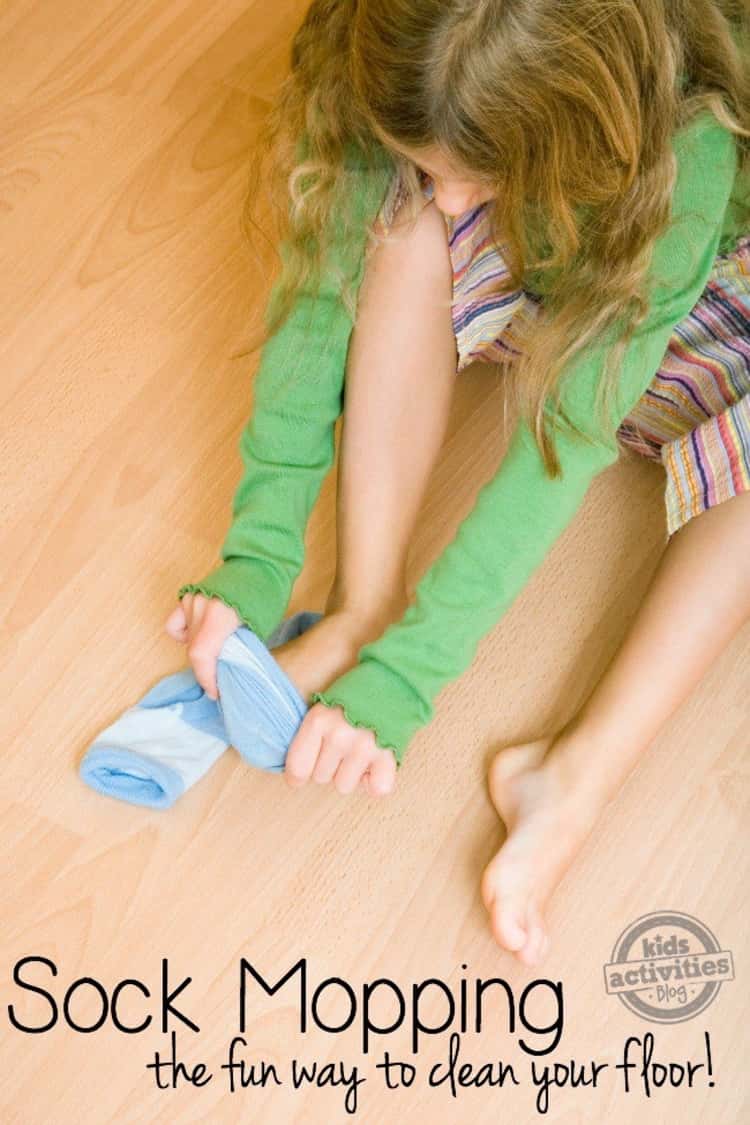 Mopping tips - child wearing a blue long fuzzy sock