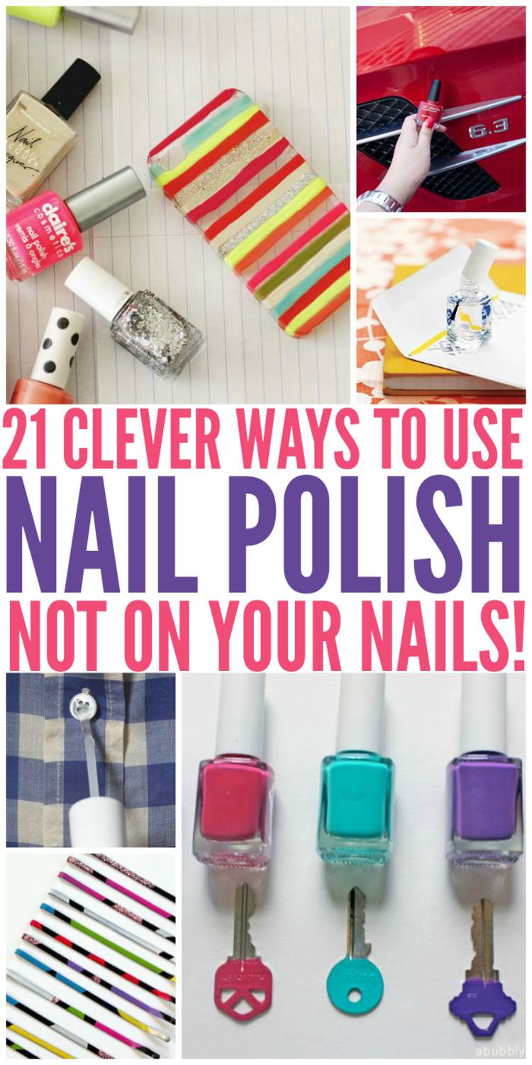 clever nail polish uses - image collage of nail polish used to decorate a phone case, fill in scratches on a car, seal envelopes, seal buttons from fraying on a shirt, to decorate bobby pins, and color-code house keys