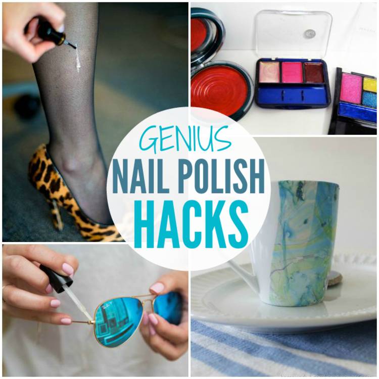 clever nail polish uses - image collage of nail polish being used to stop a run in stockings, to create pretend makeup for children, to tighten sunglasses, and to decorate coffee mugs