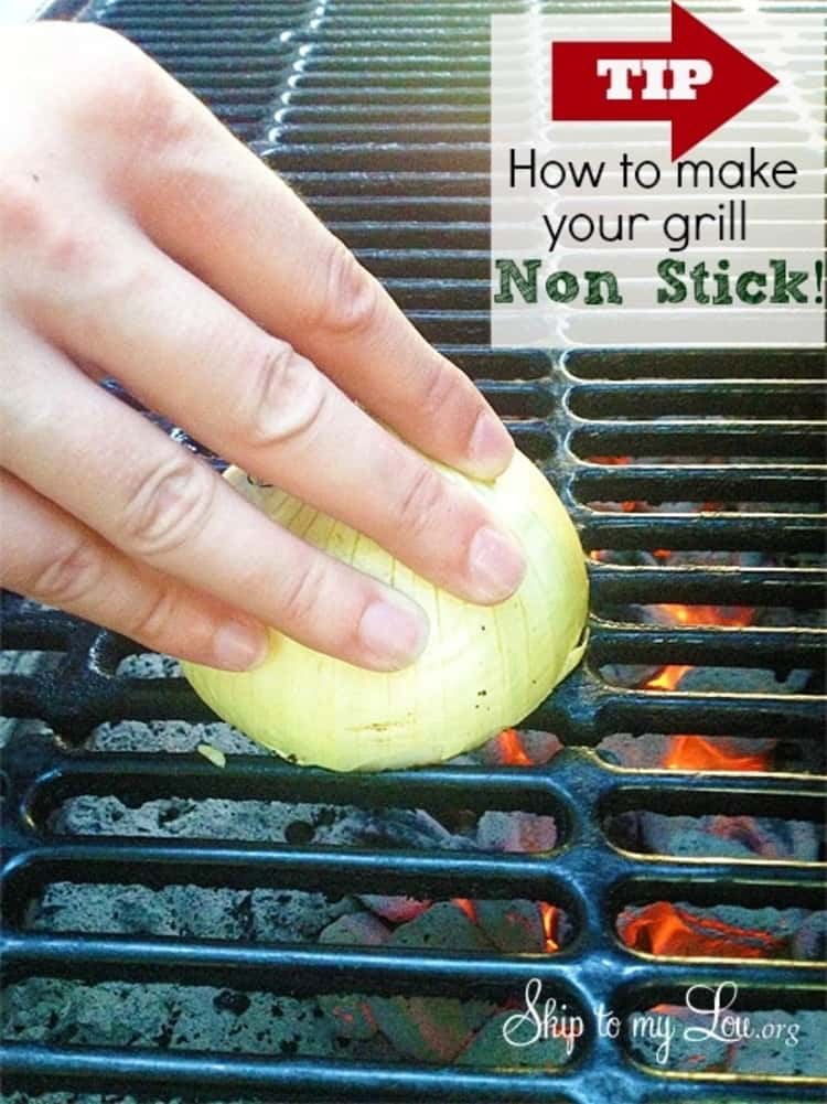 Rub an onion onto a heated grate to make it no-stick