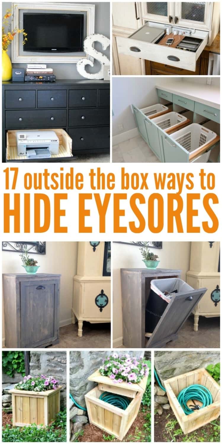 clever organization ideas to hide eyesores like the trash can, printer, laundry baskets, garden hose, etc.