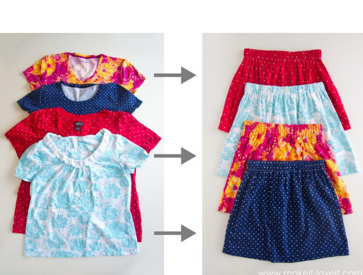 3 t-shirts recycled to 3 different skirts