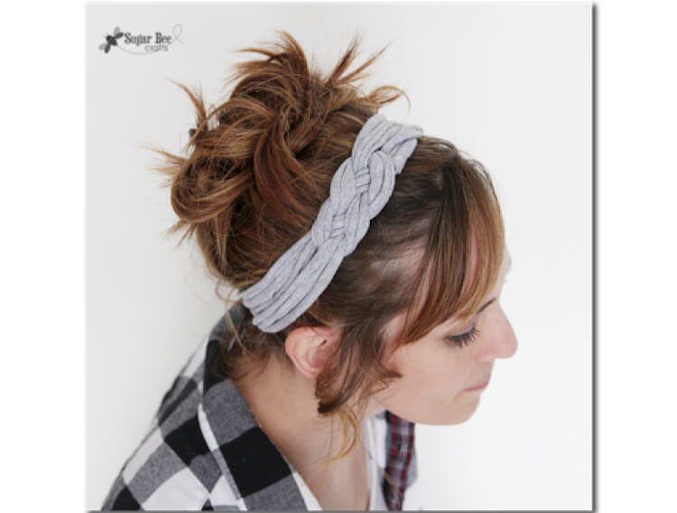 Recycled T-shirt as a headband on a woman