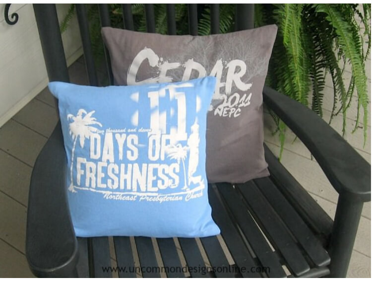 Two pillows decorated with Recycled T-shirts