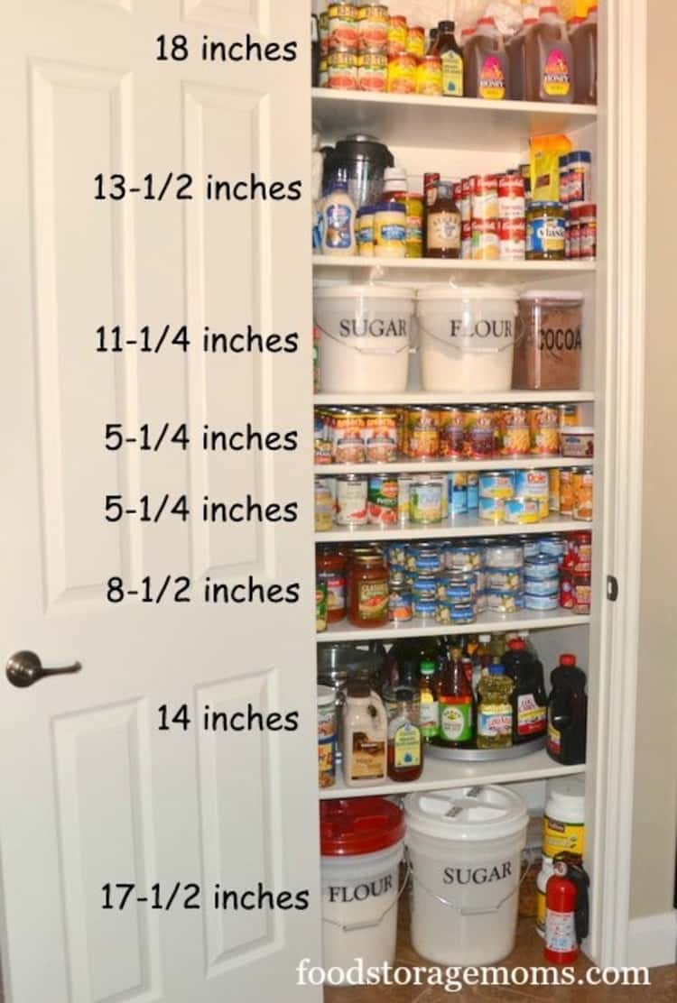 pantry shelves to maximize space with food items on it and how many inches apart they are written to the left of the shelves digitally