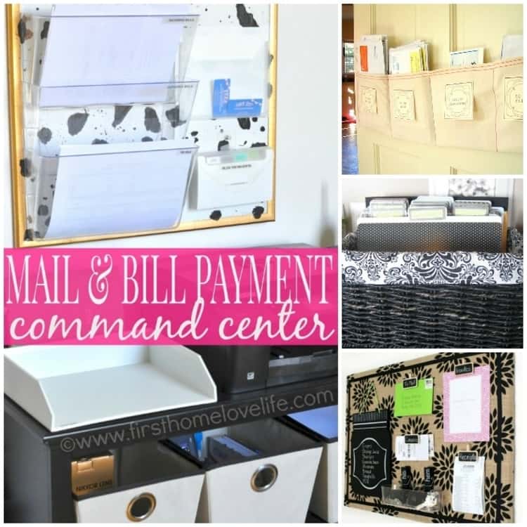 collage ideas to stop paper clutter with mail and bill payment center, billboard to organize papers, portable file basket with folders, hanging board with slots for papers, etc. 