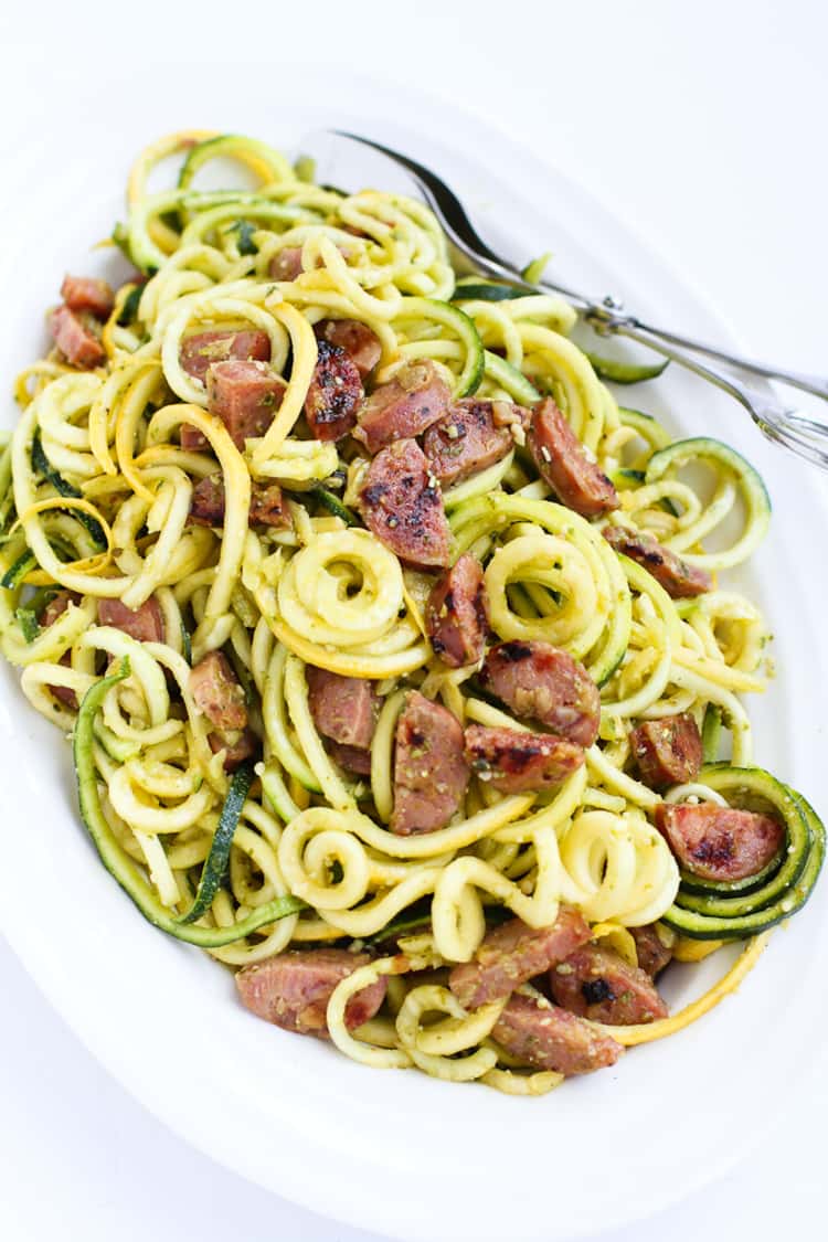 spiralizer recipe - Zucchini Noodles with Chicken Sausage