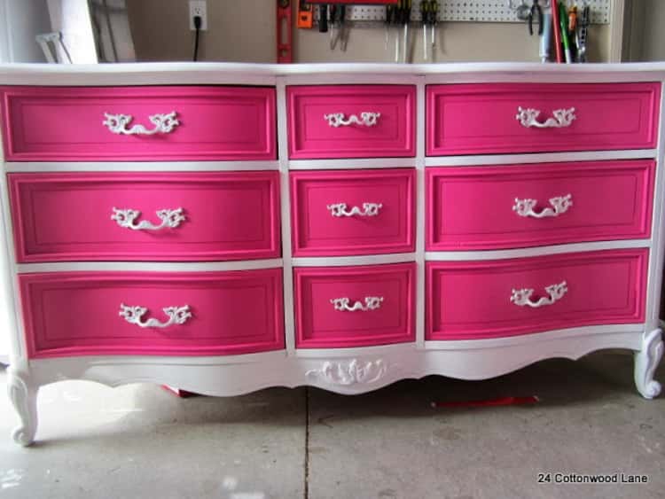 girl's room dresser made over with a coat of pink on only the drawers. 