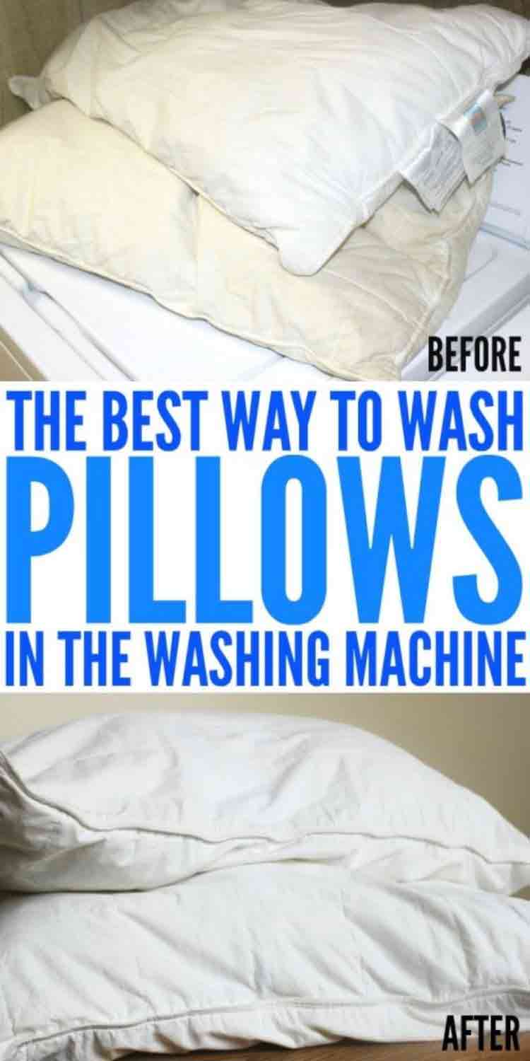 before and after photos of wash pillows in the washing machine