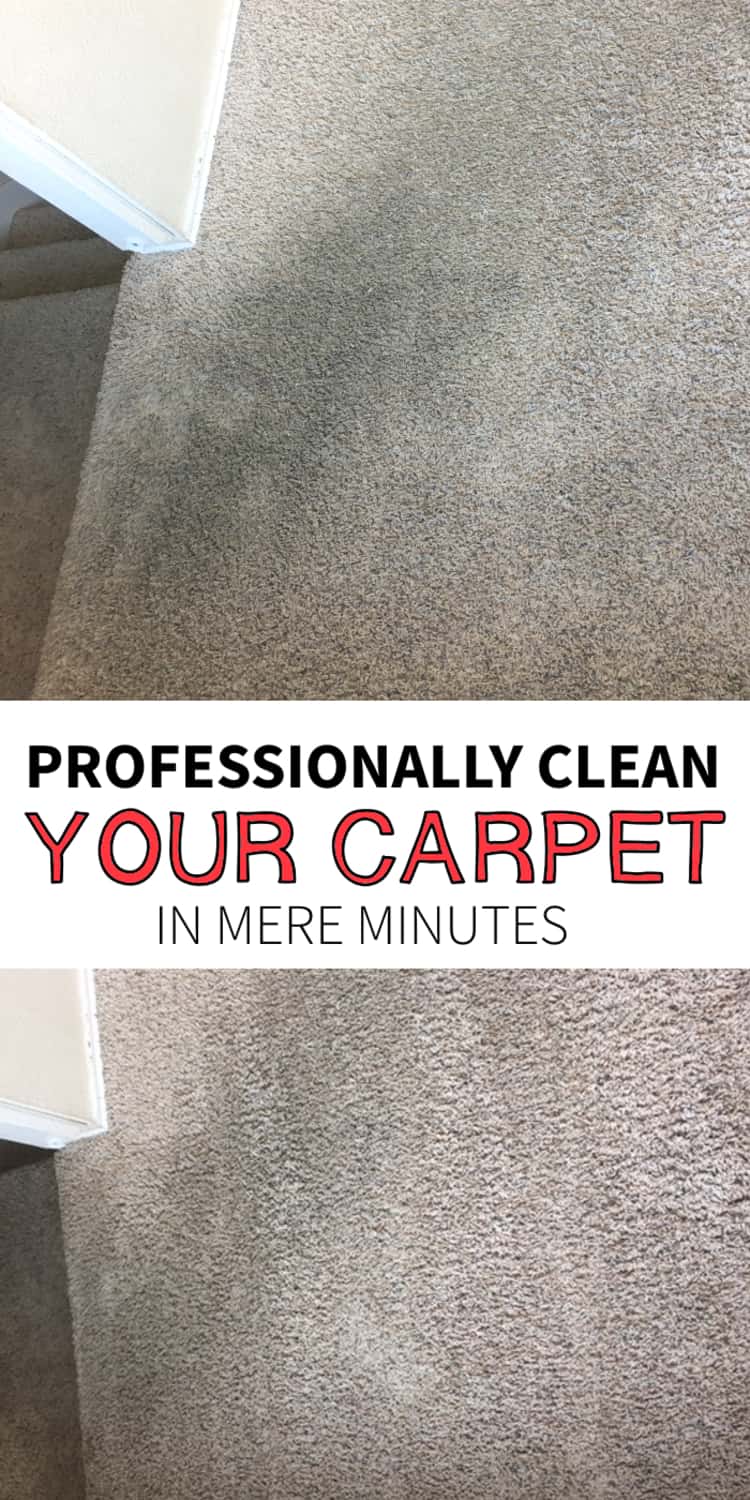 Professionally clean your carpet in mere minutes- a before and after photo of a dirty carpet and the result after cleaning 