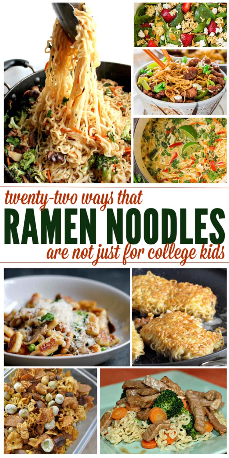 8-photo collage of twenty two ways that ramen noodles are not just for college kids- a collage of ramen noodles recipes; Mongolian Beef Ramen Noodles, Strawberry Crunch Spinach Salad, Ramen-wrapped Cod, Ramen Gnocchi with Mushroom and Peas, Asian Beef Broccoli, and other yummy recipes 