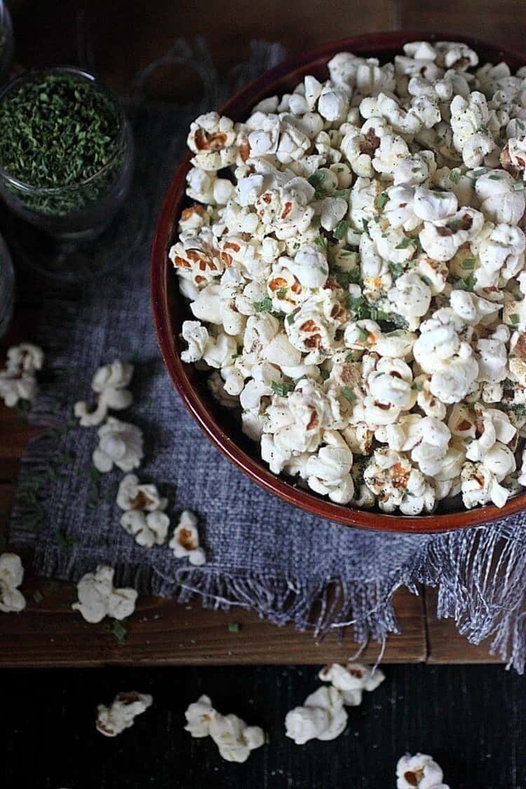 bowl of ranch-flavored popcorn- great for a road trip snack!