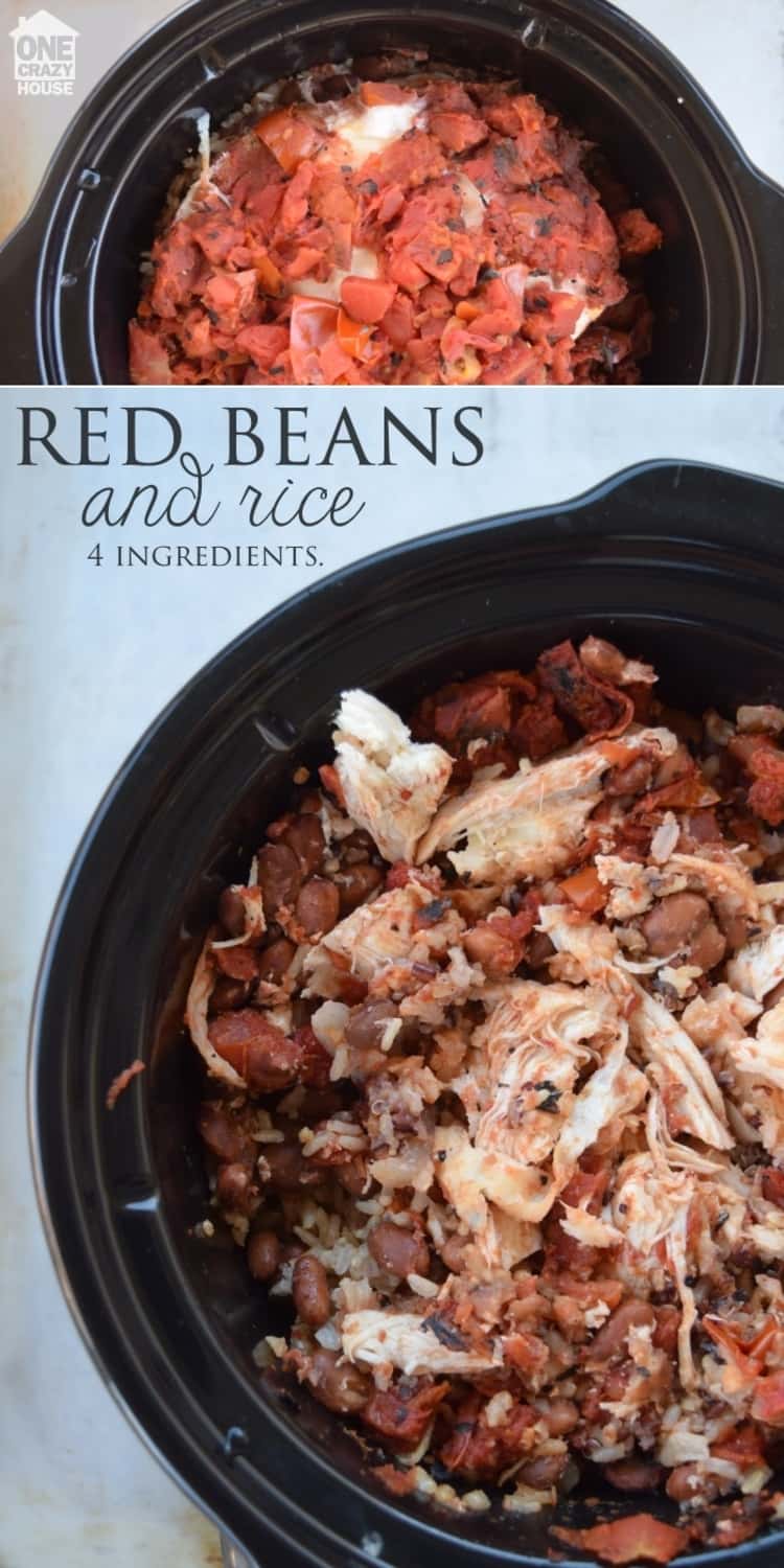 Before and after of red beans, rice and chicken freezer meal in a crock pot.