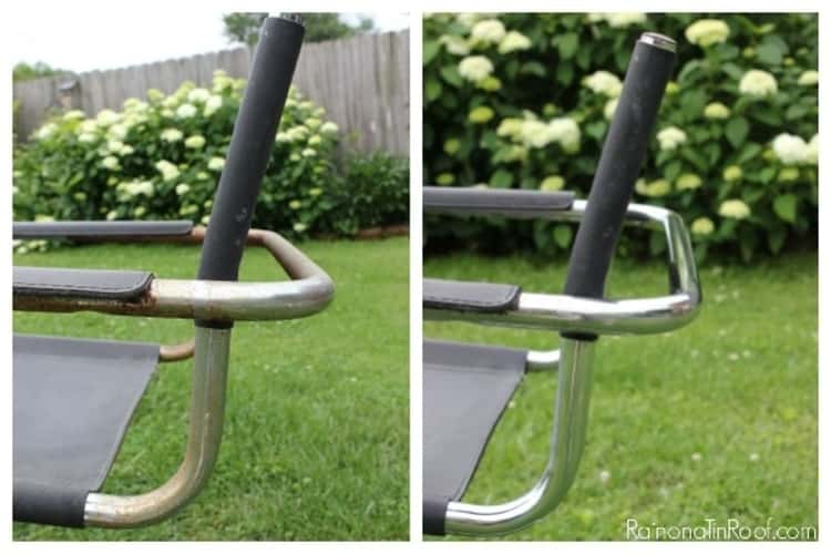 outdoor furniture before and after pic. left side has rust on stainless steel, and right side doesn't.