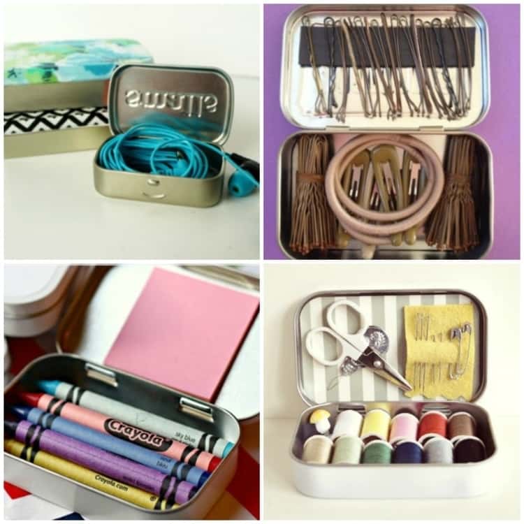 Altoids tin ideas collage for repurposing altoid tins, bobby pin holder, earbud holder, crayon holder, and sewing kit