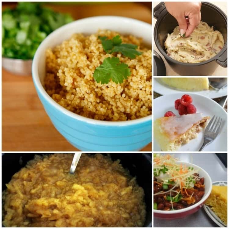 5-photo collage of rice cooker recipes - quinoa, cinnamon applesauce, cinnamon roll pancake, and chili & cornbread