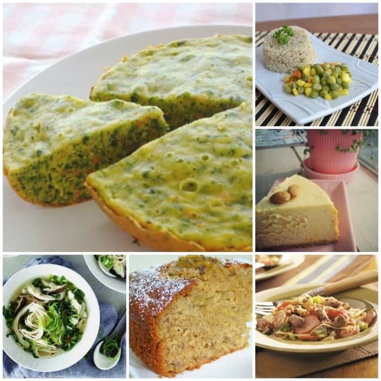 A photo collage of different rice cooker recipes: some veggie hotcake, steamed brown rice with lentils and some vegetables, a pumpkin cheese cake, banana bread, some meaty cabbage and rice and chicken miso soup.