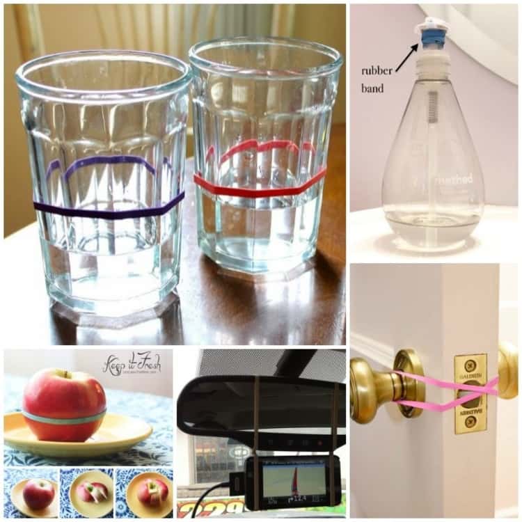 5-photo collage of rubber band hacks - to mark drinking glasses, to keep cut apples fresh, to keep door open by pressing on latch, to mount phone on rearview mirror, and on the handwashing liquid dispenser so that it doesn't go all in when pushed. 