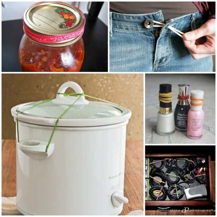 5-photo collage of rubber band hacks - as jar lid grippers, on nail polish bottles, to control cord clutter, to secure a crockpot while in transport, and to secure snug pants. 