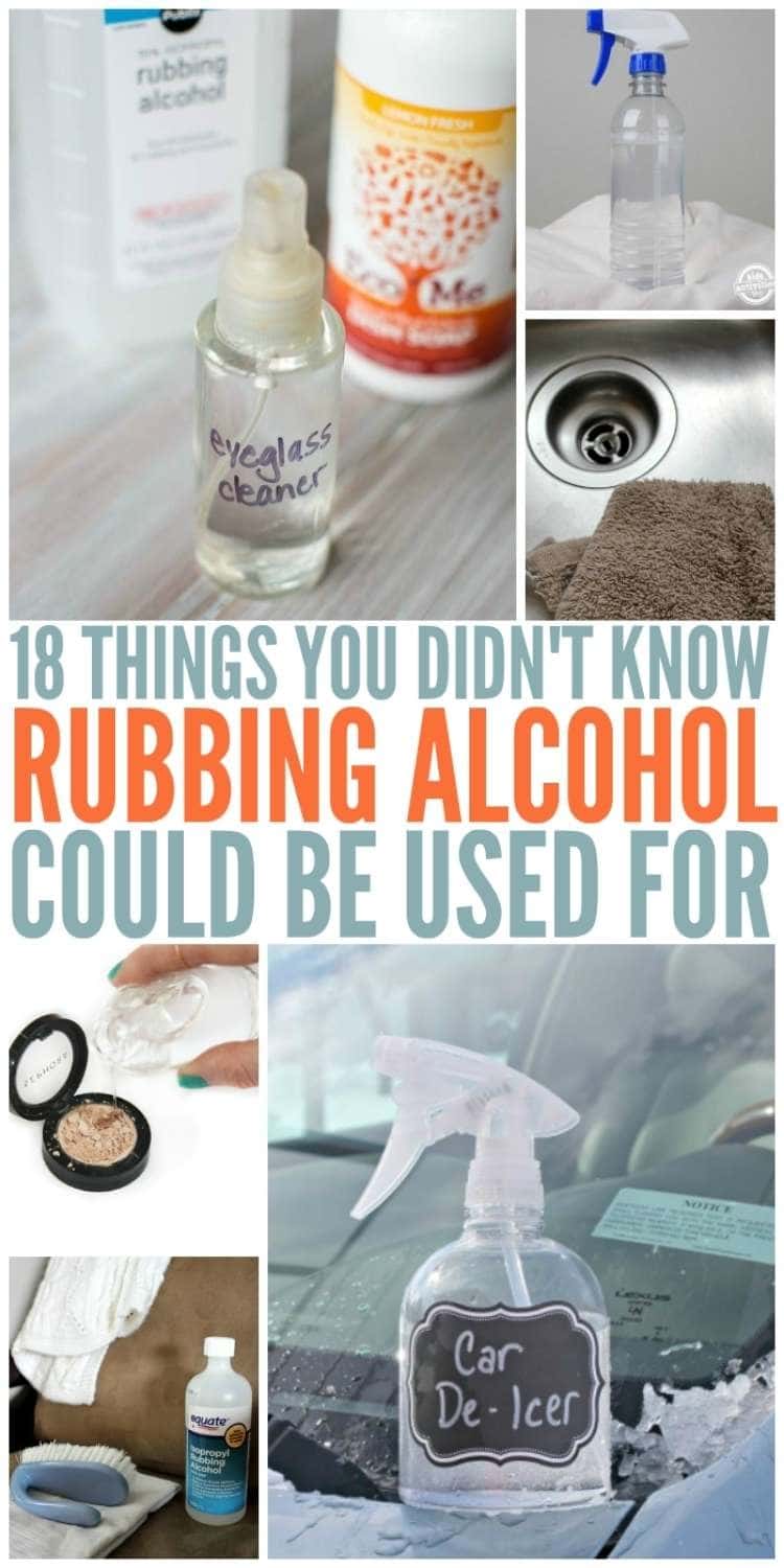 18 things you didn't know rubbing alcohol could be used for; collage of eyeglass cleaner, kitchen sink, broken makeup, and car de-icer