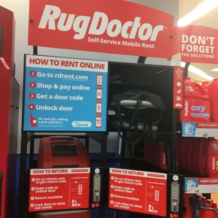 A photo showing a local rug doctor outlet and instructions on how to rent the rug doctor online 