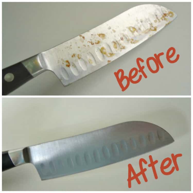 big stainless steel knife, before and after pictures, top one rusty and bottom one not. using bar keepers friend.