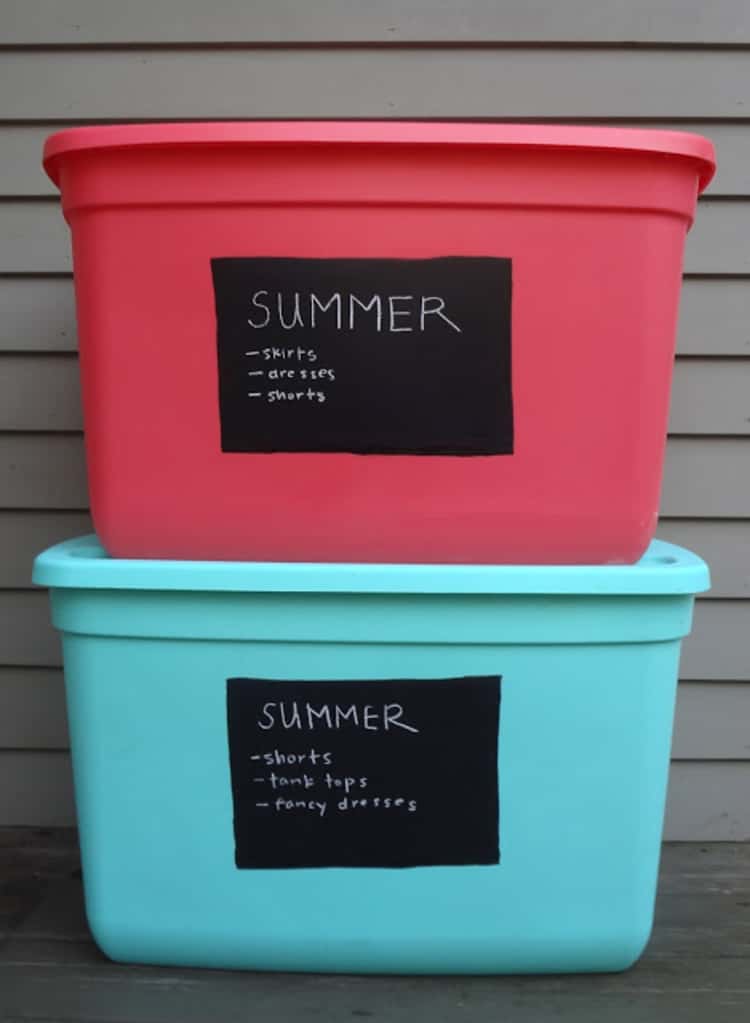 use chalk labels on storage bins for seasonal clothing