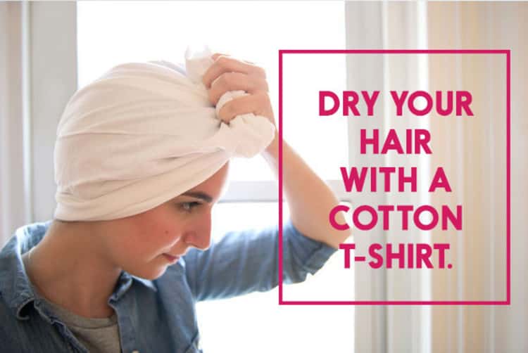shower hacks - woman who's drying her hair with a cotton t-shirt 