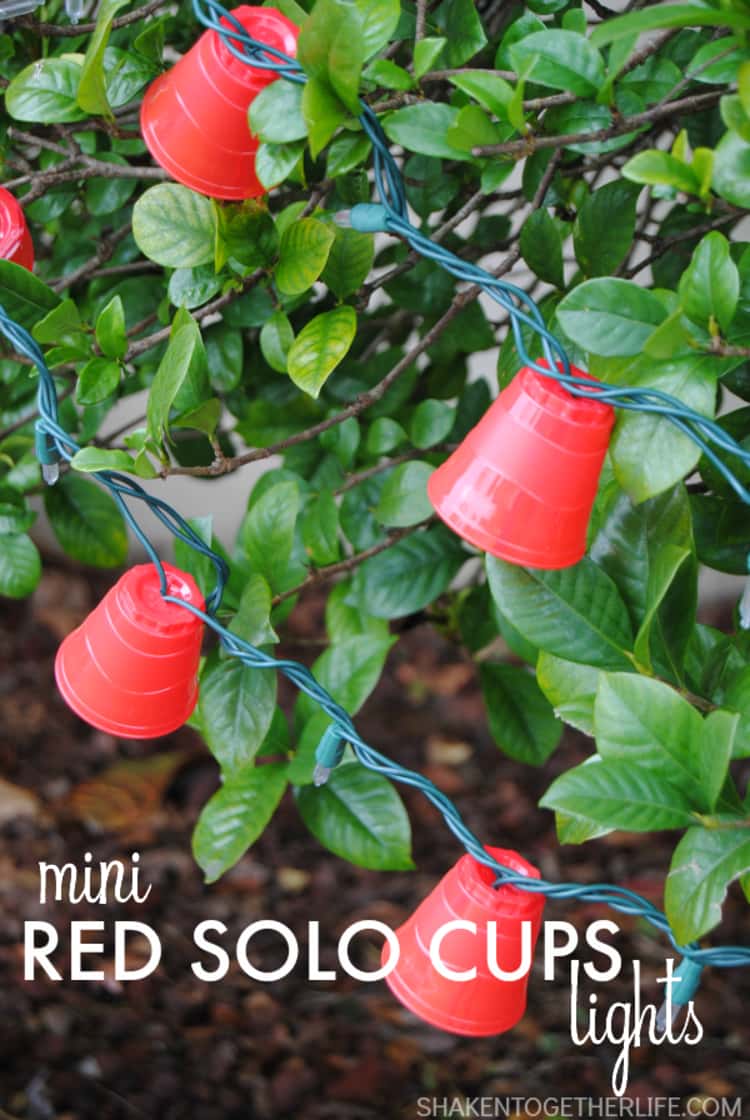 DIY mini red solo cup lights hang on a tree 