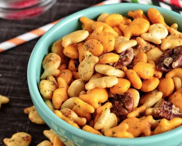 bowl of spicy goldfish snack mix - great for a road trip snack!