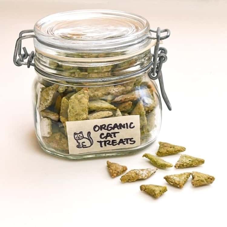 jar of spinach and chicken homemade cat treats with a label saying "organic cat treats"