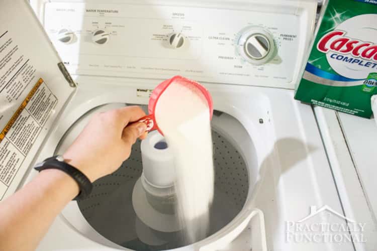 stain removal - person putting detergent in washing machine