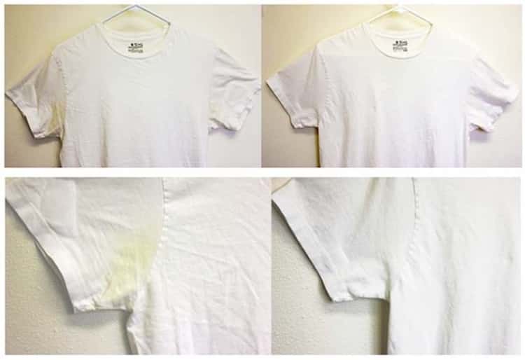 stain removal - photo collage of the Before & After of a tee shirt with and without stained armpits