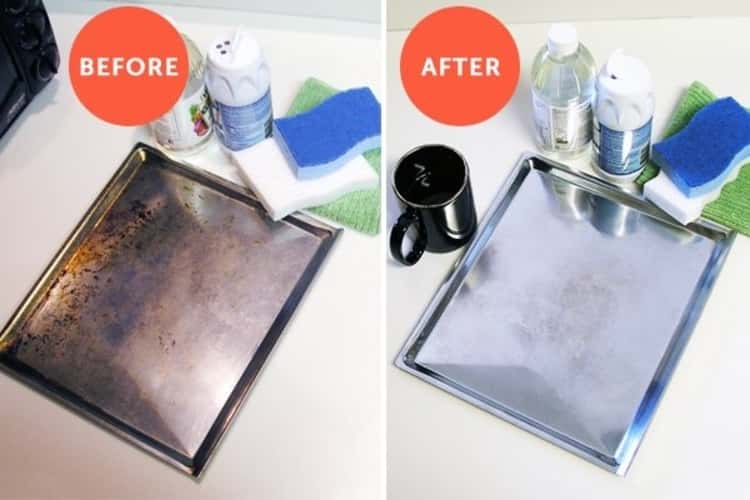 stain removal - before and after photo collage of a restored baking tray