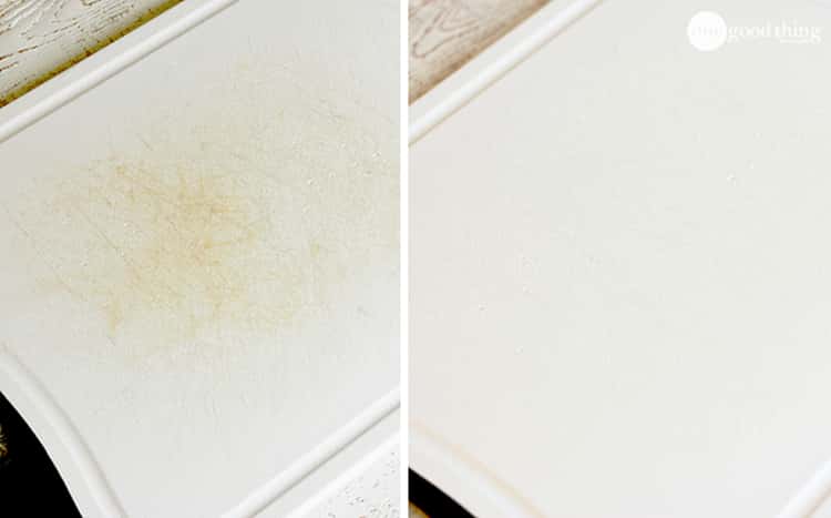 stain removal - before and after photo collage of stained and pristine white cutting board