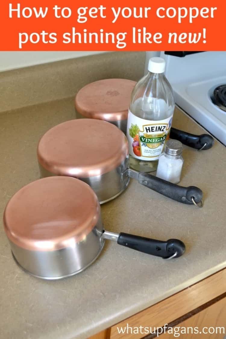 stain removal - 3 shining copper pots with the caption How to get your copper pots shining like new!