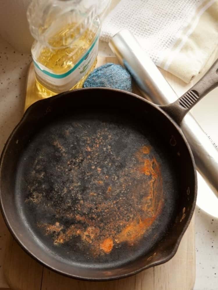 stain removal hacks - cast iron pan with rust stains