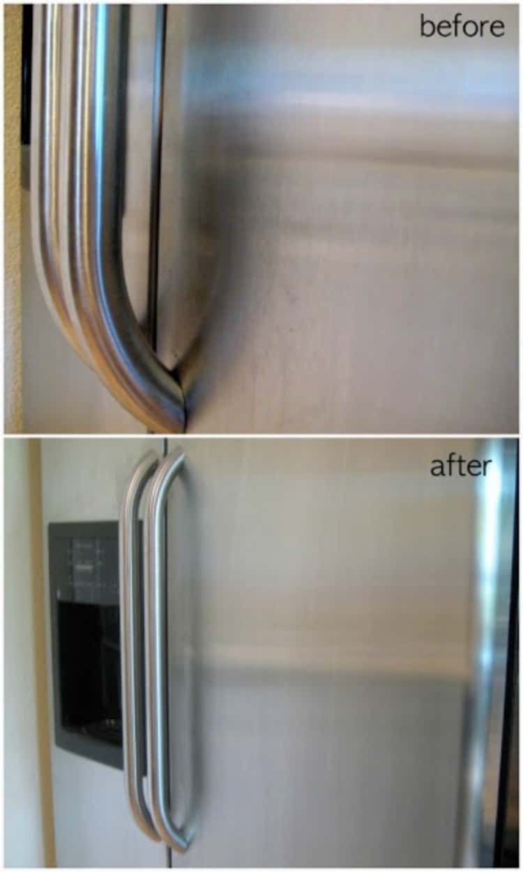 before and after pics of stainless steel refrigerator handle using bar keepers friend, much cleaner after