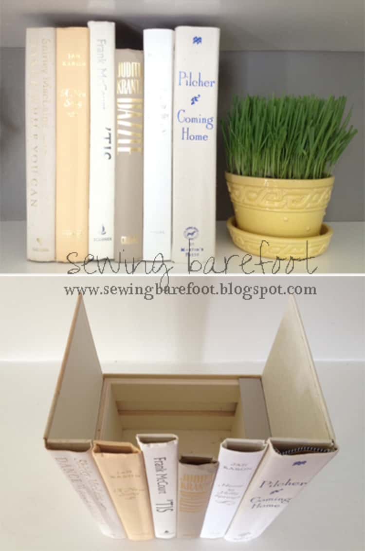 clever organization ideas with books on a shelf that have hidden storage, turn them upside down and they're empty. a plant next to them.