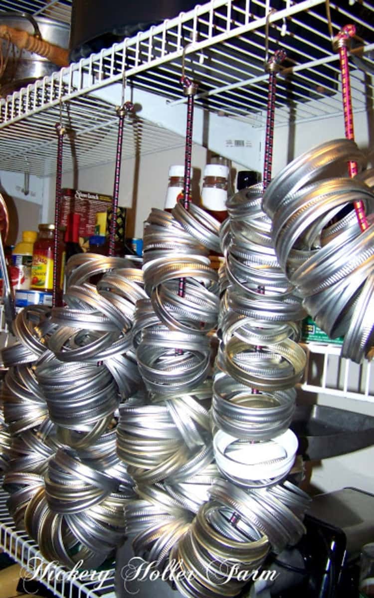 canning jar rings stored by looping and hanging them