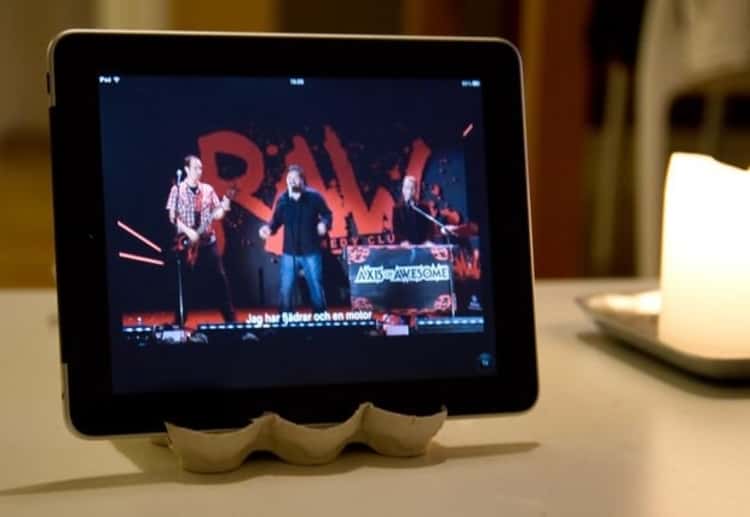 Tablet on a DIY tablet stand made from egg carton