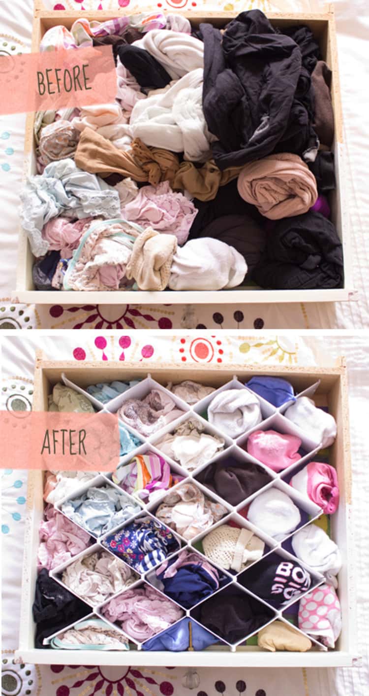 a Before image of a messy drawer full of tights and underwear and an After image of the clothing organized with a drawer divider