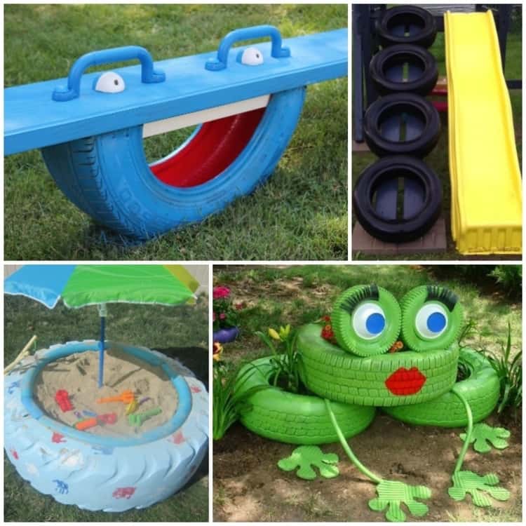 Creative Tire Hacks, collage of tire totter, tire stairs, tire sand box and frog sculpture made of tires