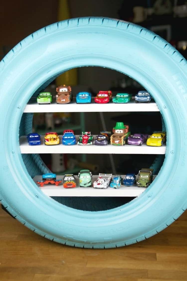 DIY stand alone shelves inside a tire