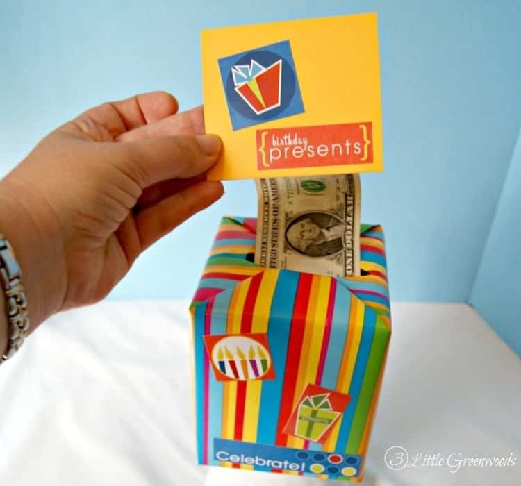 gift in a box made from a customized and decorated empty tissue box 