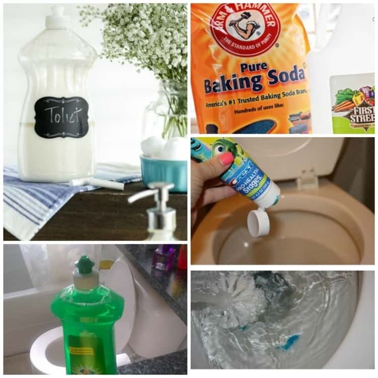 photo collage of toilet stain removal hacks - DIY toilet stain removal, packet of pure baking soda, putting toothpaste into toilet bowl, using dish soap to unclog the toilet