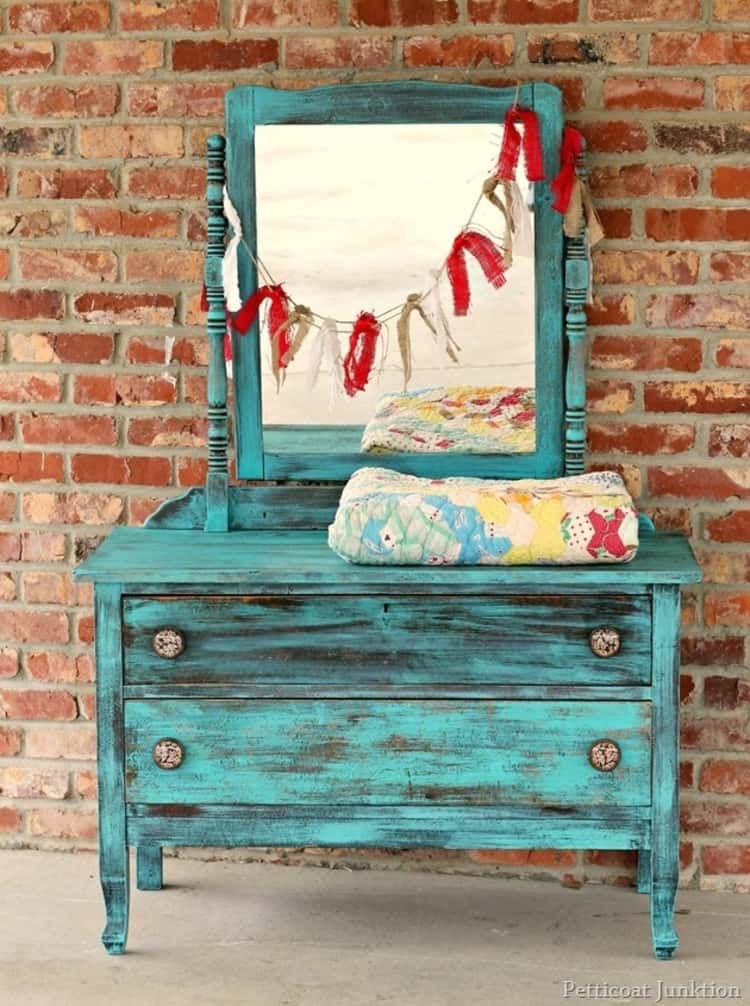 turquoise mirror dresser with distressed paint look