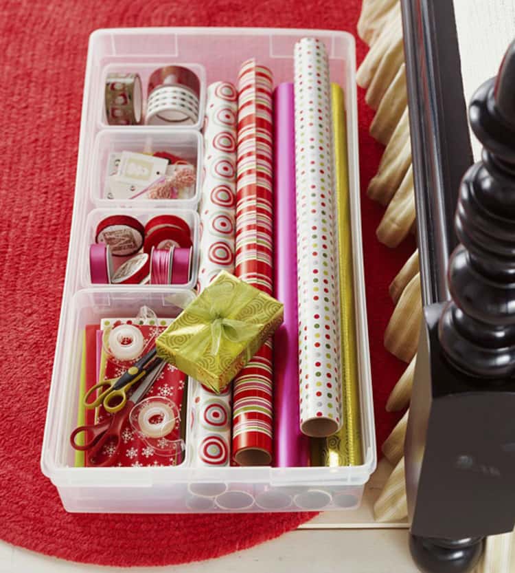 rectangular under the bed storage box for storing rolls of wrapping paper, ribbons, tape, scissors and other small items